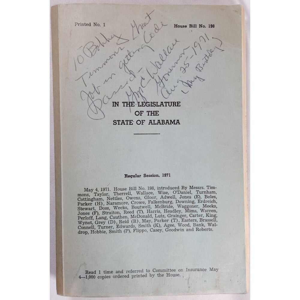George Wallace Signed Inscribed Alabama House Bill 198 Bobby Simmons
